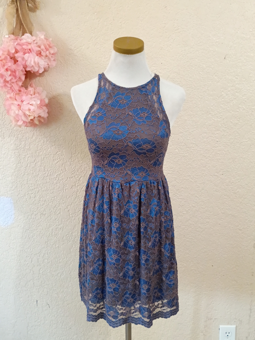 Urban Outfitters Blue Lace Halter Fit-and-Flare Dress